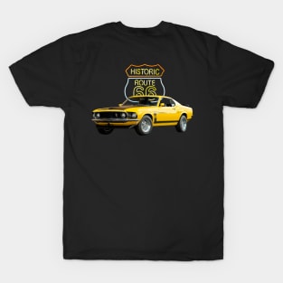 1969 Boss Mustang in our route 66 series on back T-Shirt